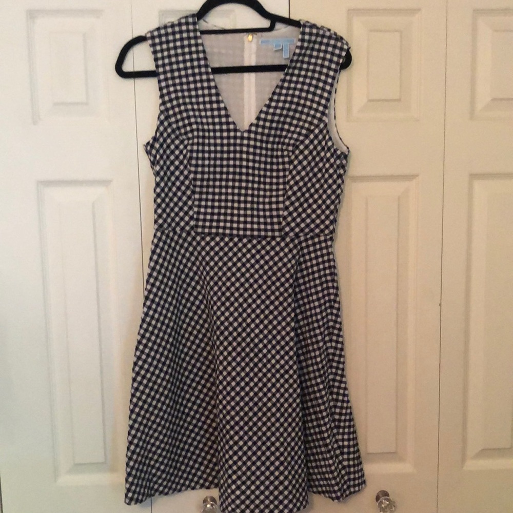 Navy, fit and flare, gingham DJ dress
